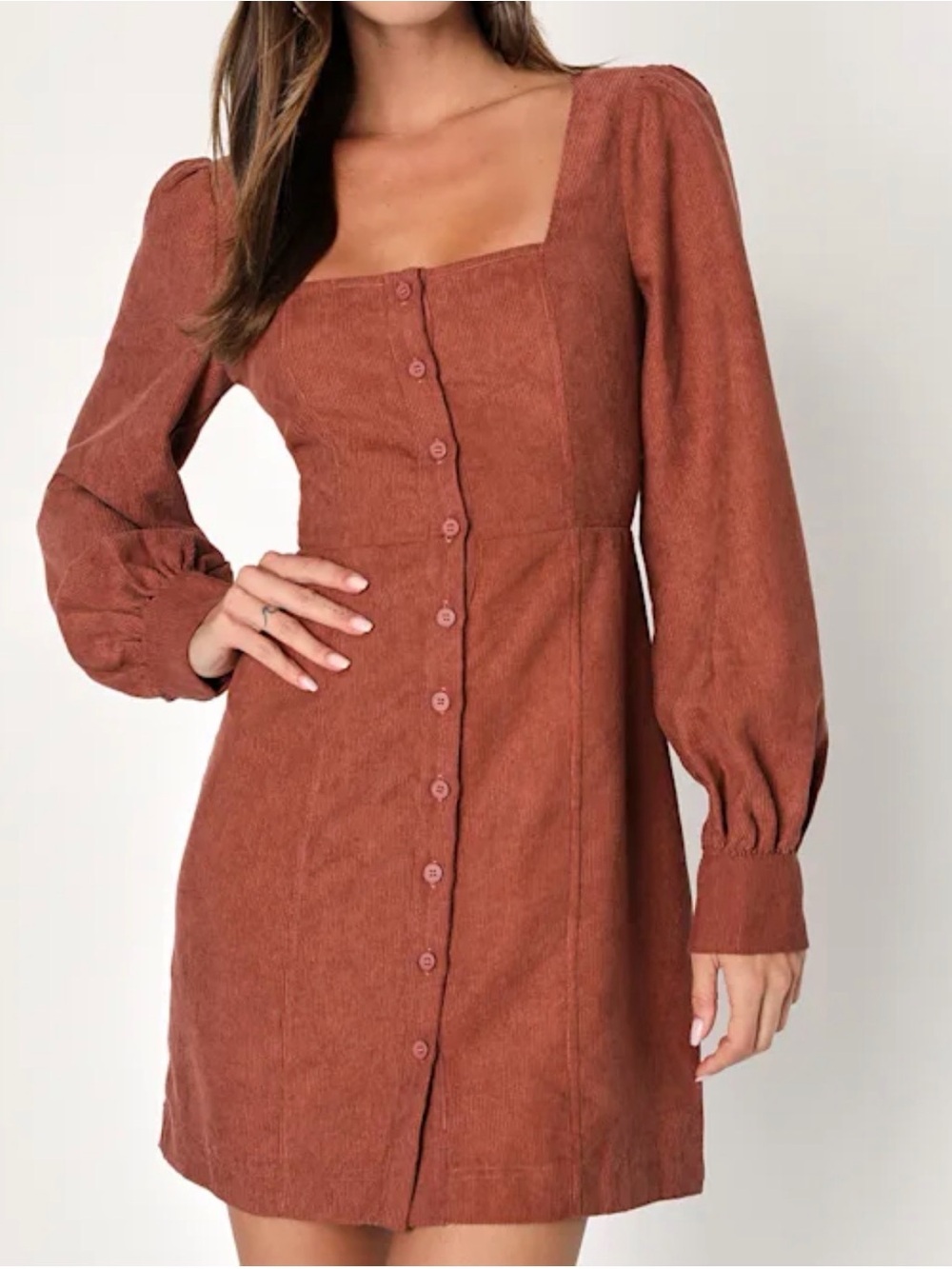 Lulu's Corduroy Button-Front Mini Dress Long Sleeve Puffed